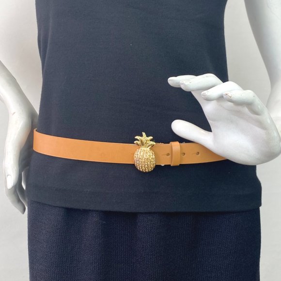 NEW ST JOHN Taupe Brown Gold Rhinestone Pineapple Buckle Belt Small Medium S M - Picture 4 of 5